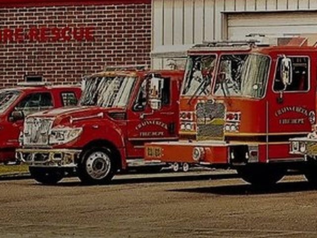 The department's International rescue in front of the station. Photo posted by Crains Creek Fire-Rescue.